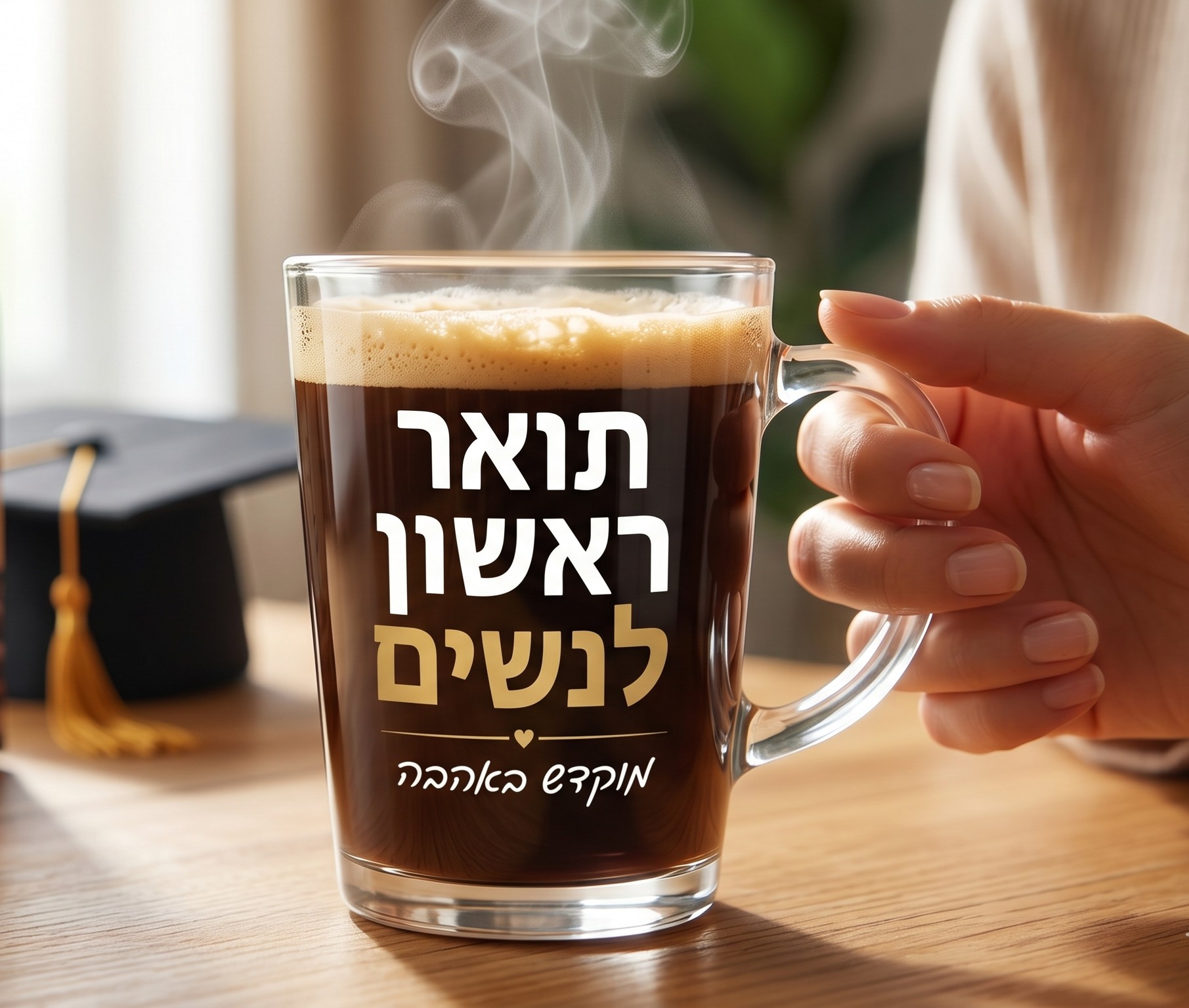 קפה שחור עם הכיתוב תואר ראשון לנשים